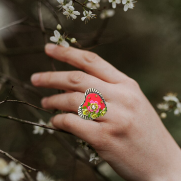 Multicolor flowers on Red Heart Ring