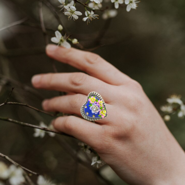 Multicolor flowers on Blue Heart Ring