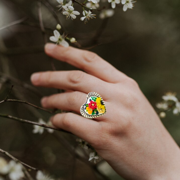 Multicolor flowers on White Heart Ring