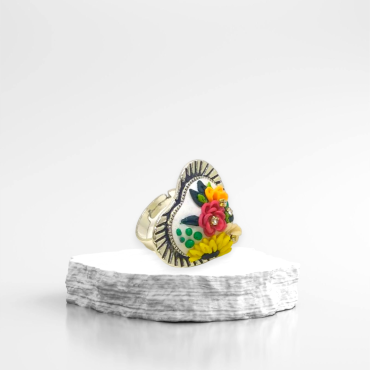 Multicolor flowers on White Heart Ring