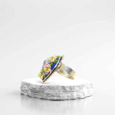 Multicolor flowers on Blue Heart Ring