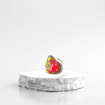 Multicolor flowers on Red Heart Ring