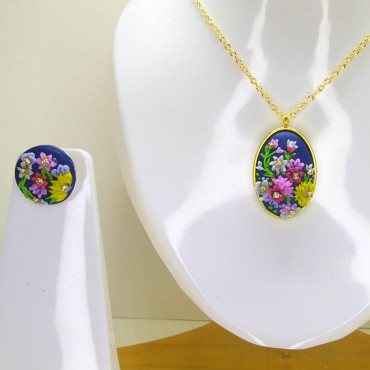 Oval Clay Embroidery Pendant set